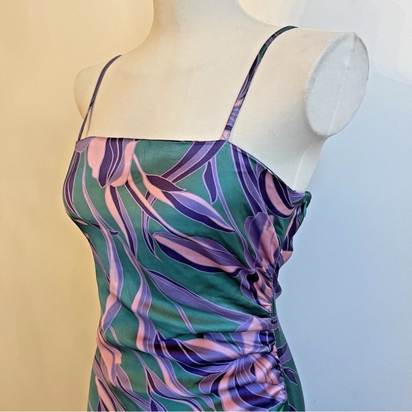 House of Harlow Long Satin Slip Dress Ruched Floral Purple Green Iris Small - Picture 2 of 9